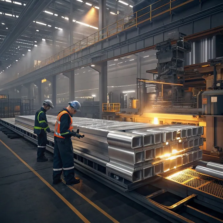 Workers inspecting hot aluminum profiles in extrusion plant