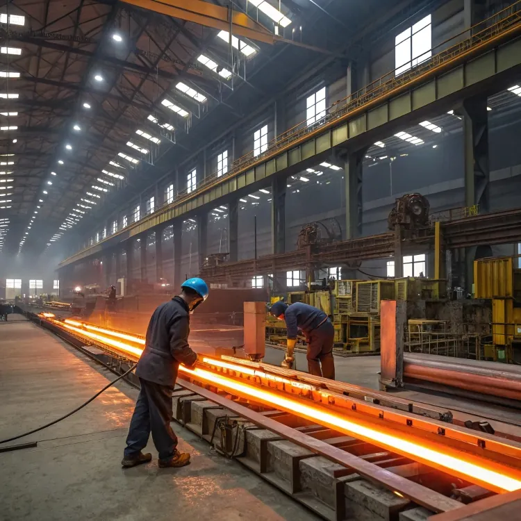 Trabajadores procesando vigas metálicas en caliente en una acería