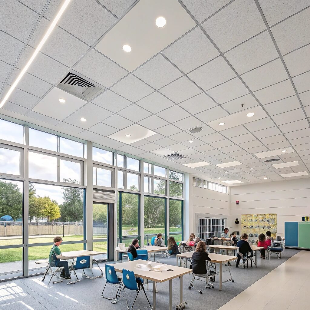 Modern classroom with suspended ceiling tiles