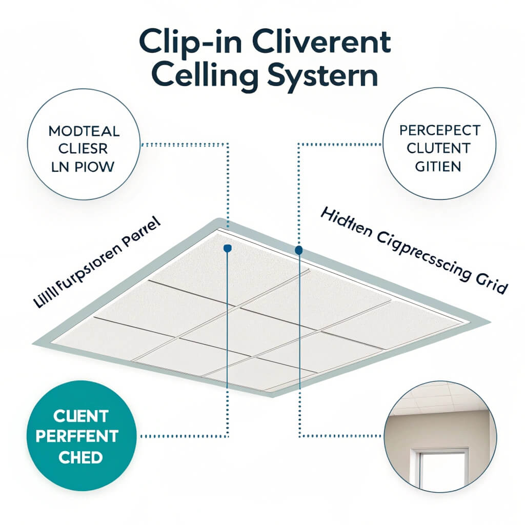 Clip-in ceiling system diagram with labels