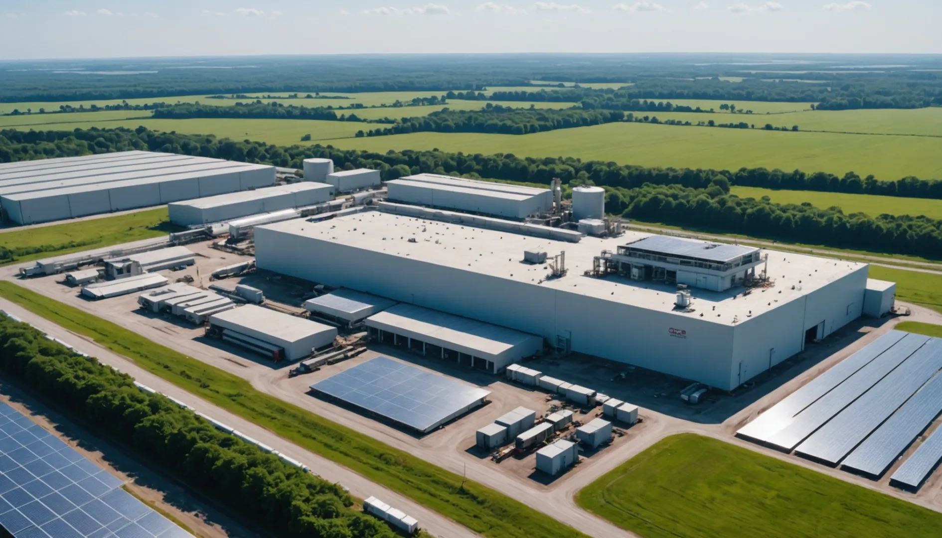 Vista aérea de una moderna planta de producción de aluminio con paneles solares y exuberante vegetación