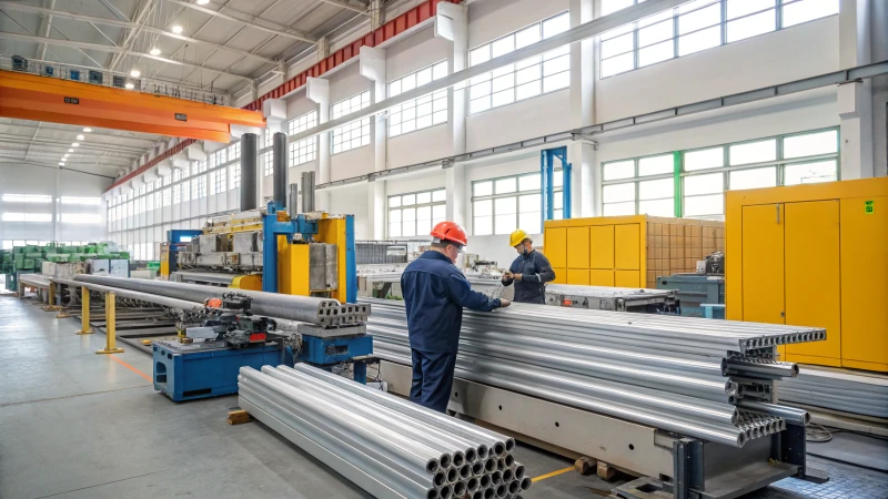 Workers operating machinery in an aluminium extrusion factory