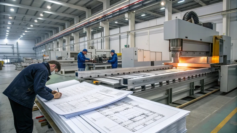 Photorealistic image of aluminium profile manufacturing in a factory
