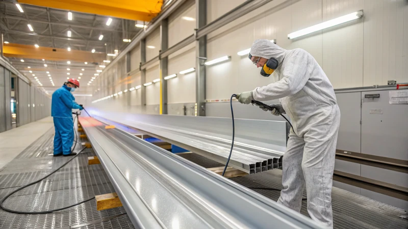 Technicians applying powder coating on an aluminium profile in a manufacturing facility