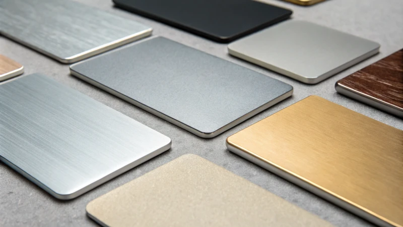 Close-up of various aluminium samples with different surface treatments