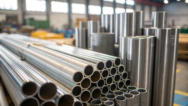 Erilaisia alumiiniputkia eri muodoissa ja viimeistelyissä työpajassa.