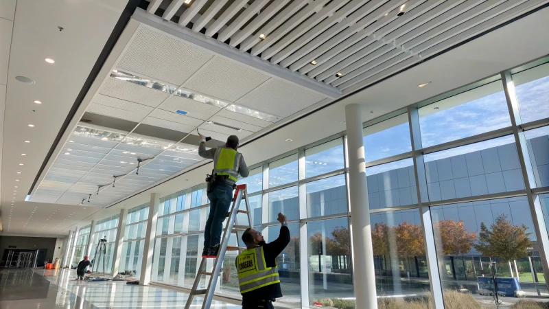 Workers installing aluminum baffle ceilings in a modern interior