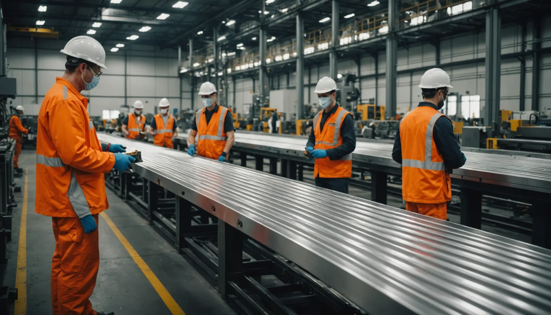 Técnicos con equipo de seguridad supervisan los tochos de aluminio que se procesan en las máquinas de extrusión en unas instalaciones bien iluminadas.