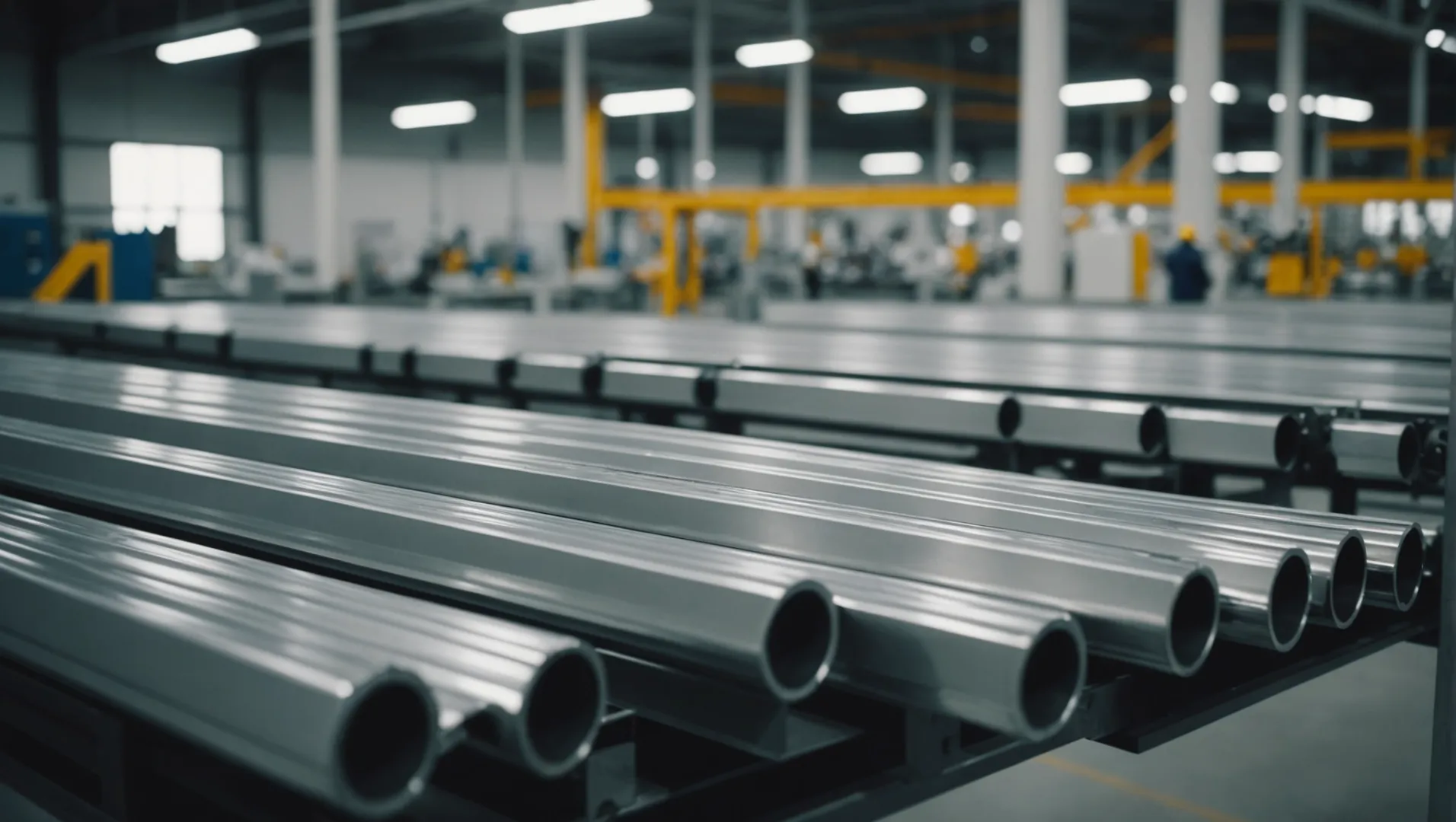 Close-up of aluminum extrusion profiles in a factory setting
