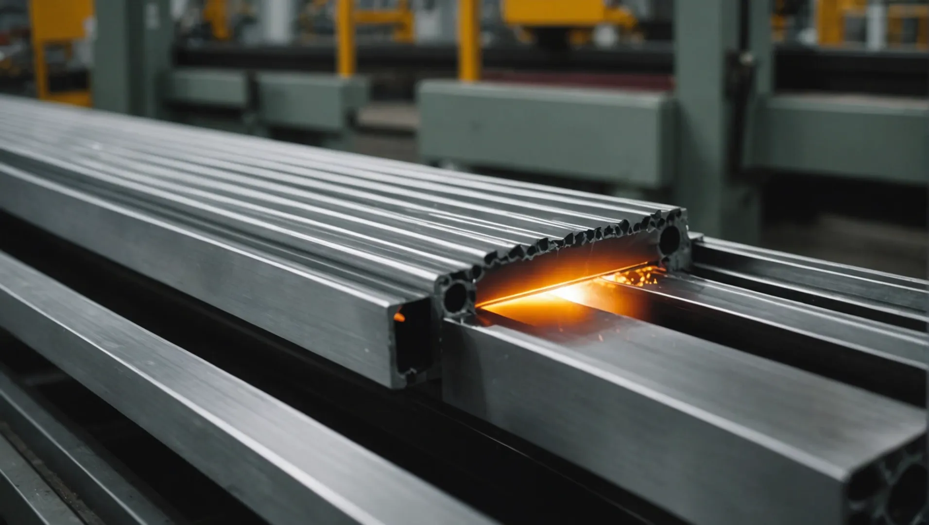 Close-up view of aluminum extrusion process with molten metal and industrial machinery.