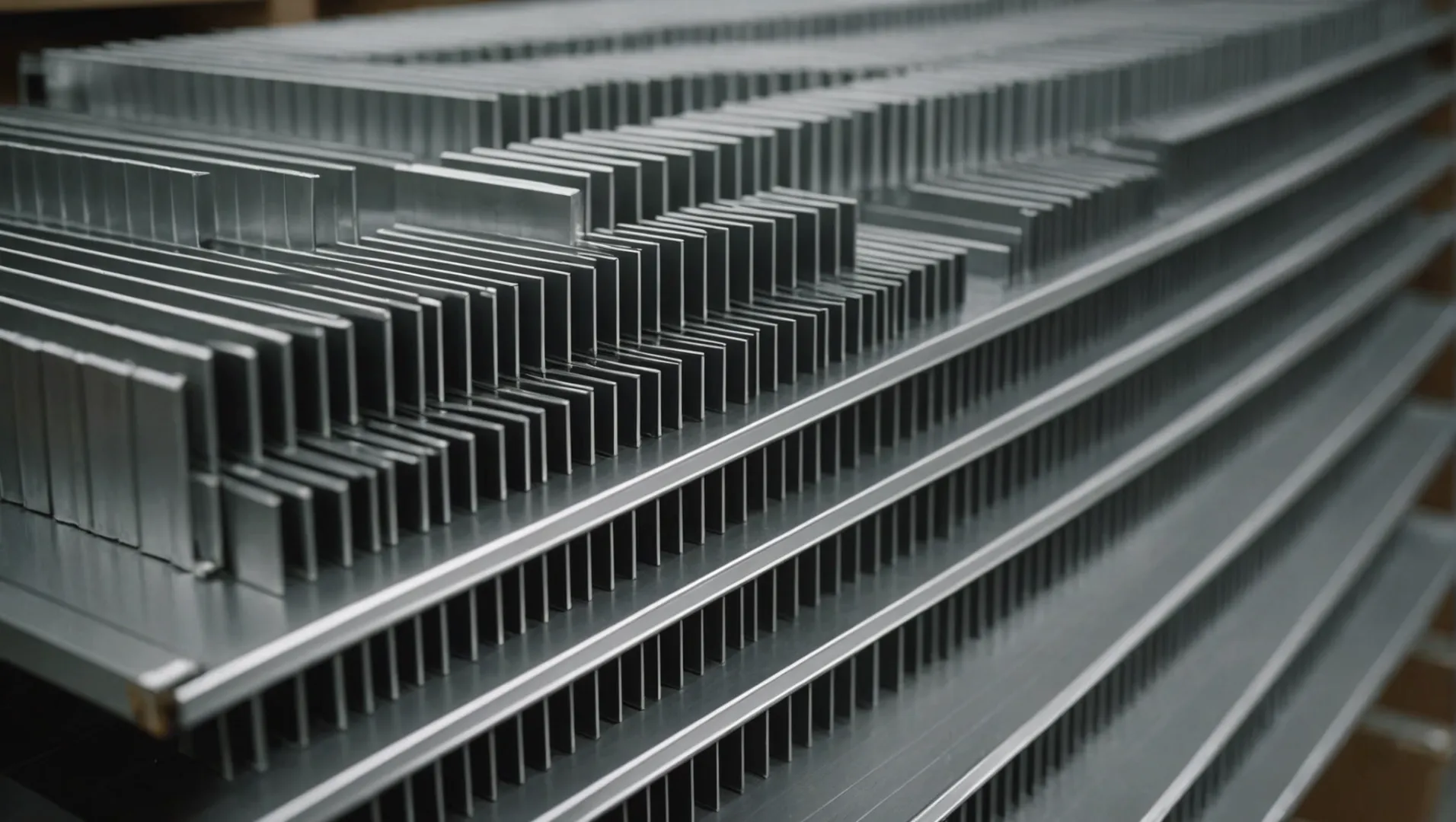 Близък план на наличните на склад алуминиеви екструдирани радиатори с различни форми и размери.