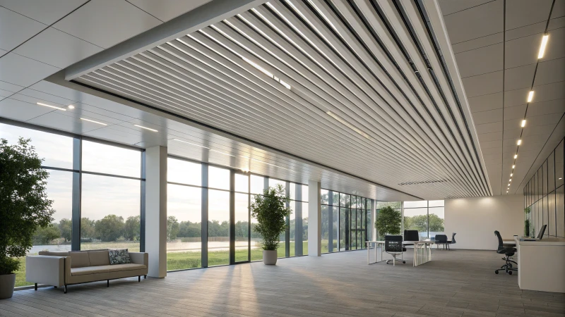 Photorealistic aluminum louver ceiling in a modern office