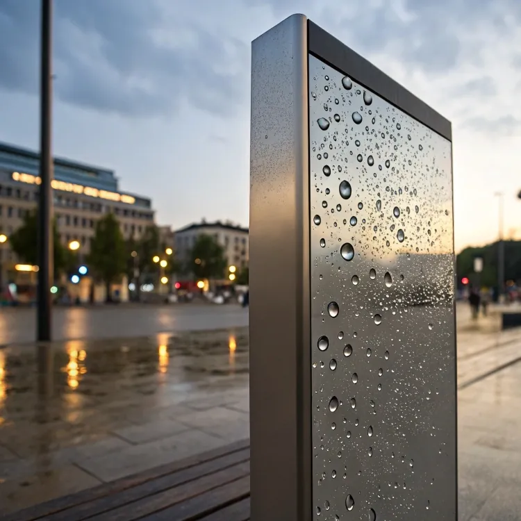 aluminum panel with raindrops urban setting