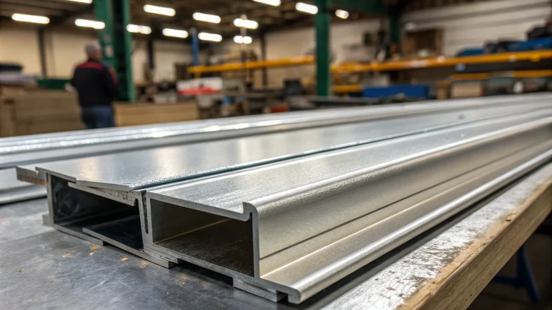 Close-up of shiny aluminum profiles in an industrial setting
