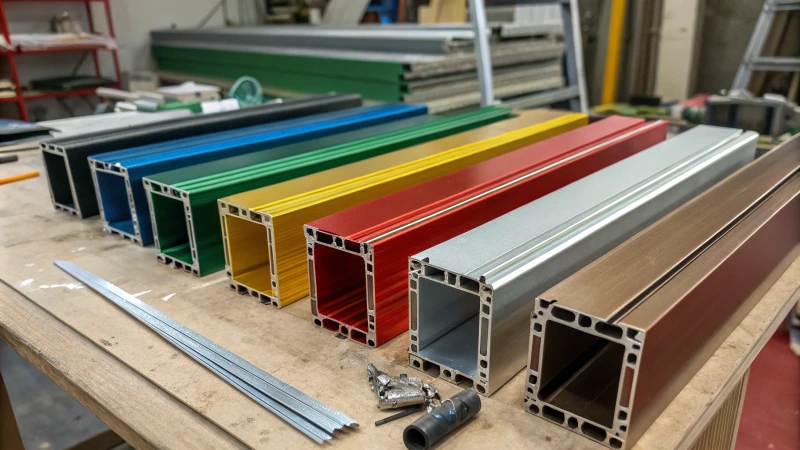 Close-up view of colorful aluminum profiles with surface treatments in a workshop setting.