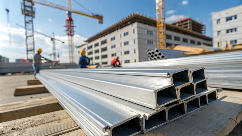 Close-up of aluminum profiles at a construction site