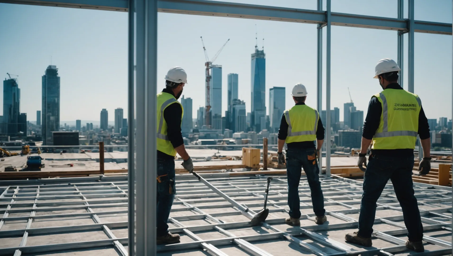 Aluminum profiles used in modern building construction with a city skyline background.