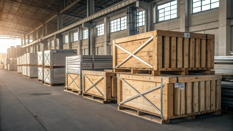 Wooden crates of aluminum profiles on a loading=