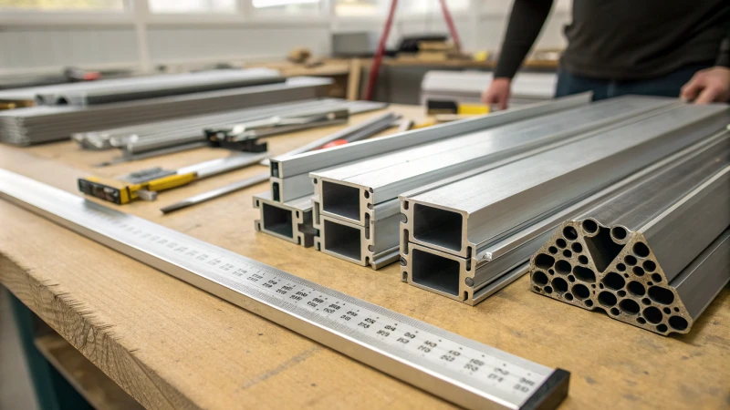 Un banco de trabajo con perfiles y herramientas de aluminio pulido