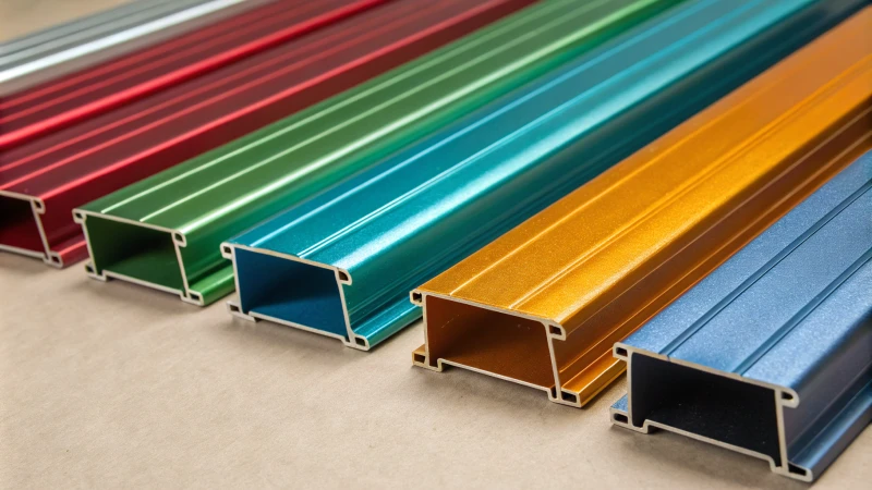 Close-up of anodized aluminium profiles in various colors