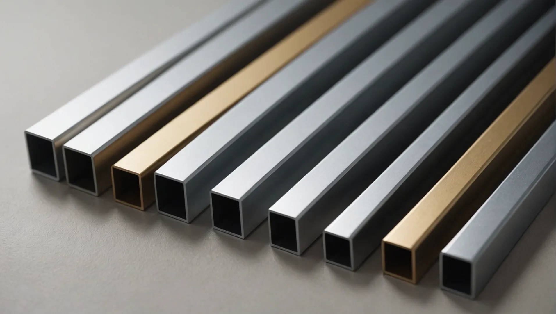 An array of anodized aluminum profiles showcasing different finishes and colors.