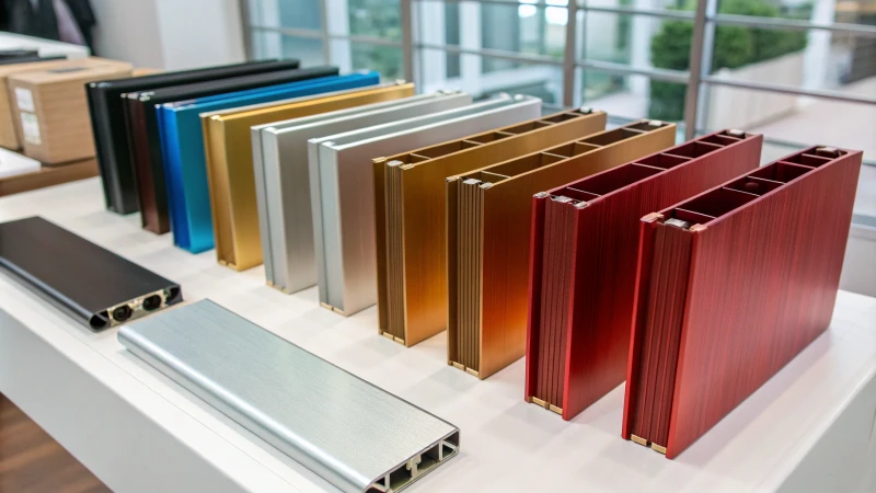 Анодированные алюминиевые профили в различных вариантах отделки на белом фоне.