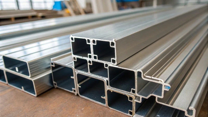 Close-up of anodized aluminum profiles with shiny surfaces