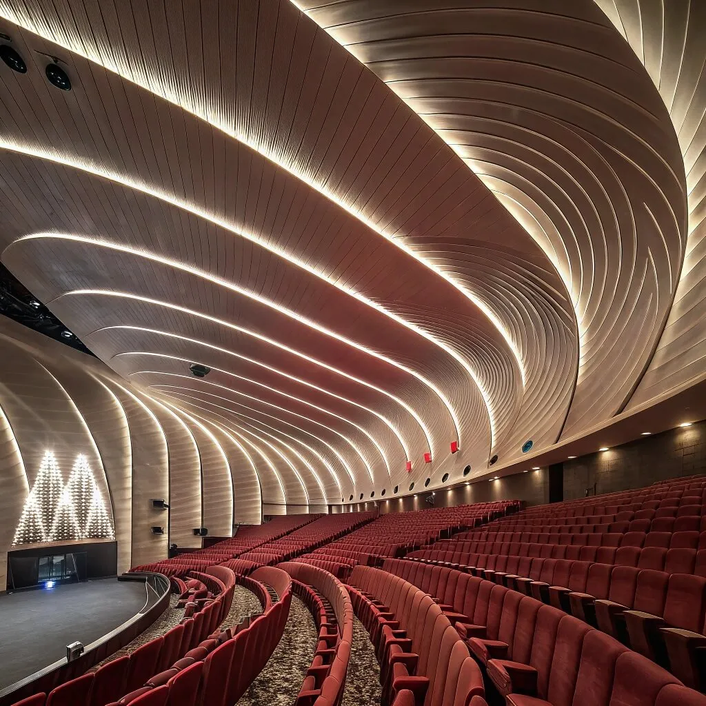 interior del auditorio con techo LED ondulado