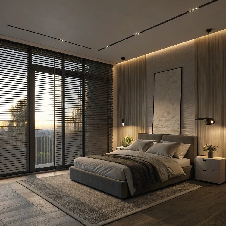 Dormitorio con persianas opacas y decoración moderna