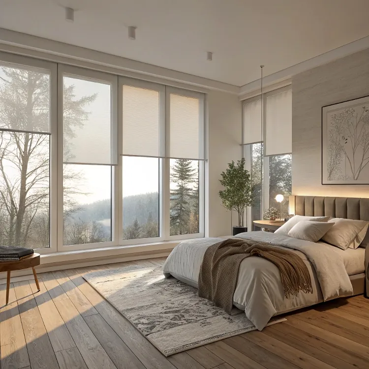 Luminoso dormitorio con suave luz natural a través de persianas