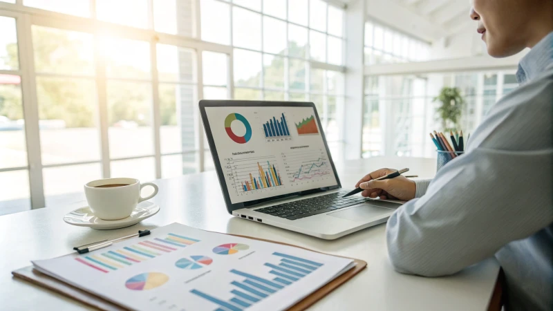 Professionnel analysant des données sur un ordinateur portable dans un bureau moderne