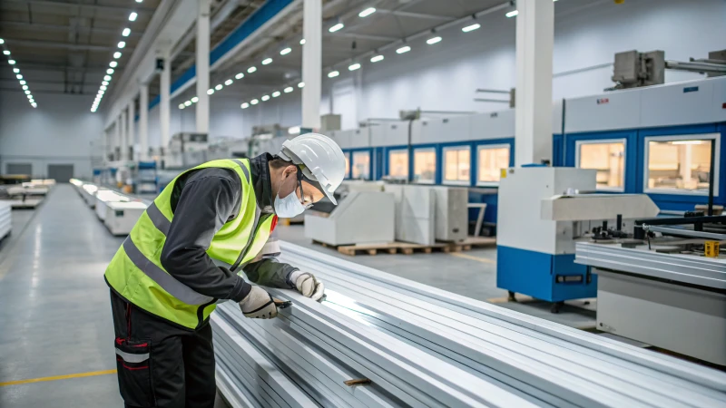 Technician examining aluminium profiles in a manufacturing facility