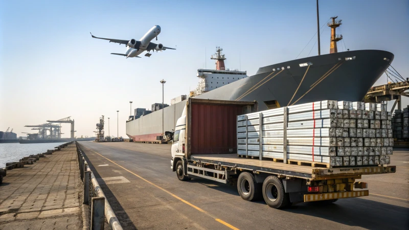 Cargo truck loaded with aluminum profiles near a harbor with a ship and airplane.