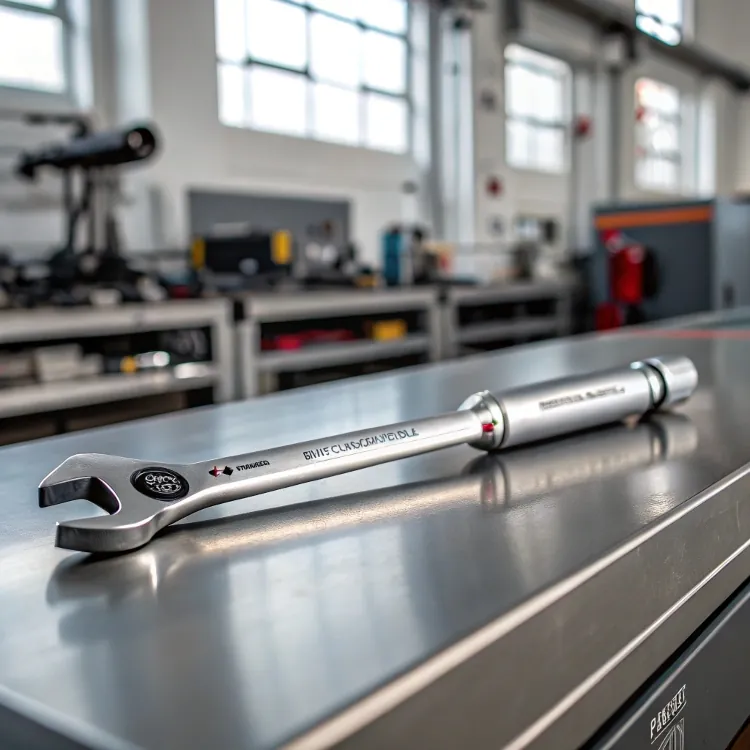 Chrome open-end torque wrench in workshop