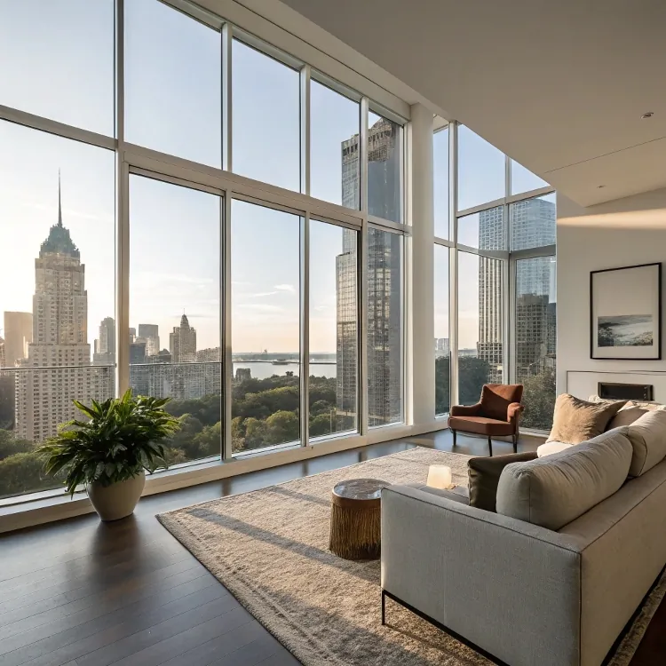 Vista de la ciudad desde la ventana acristalada de un apartamento de lujo