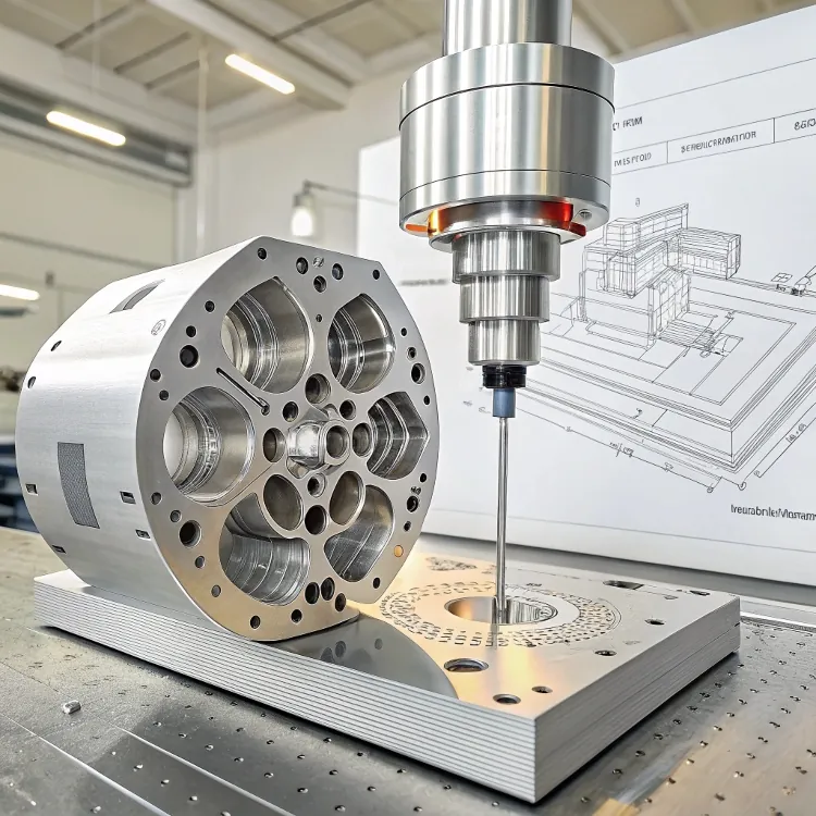 CNC machine checking precision metal parts