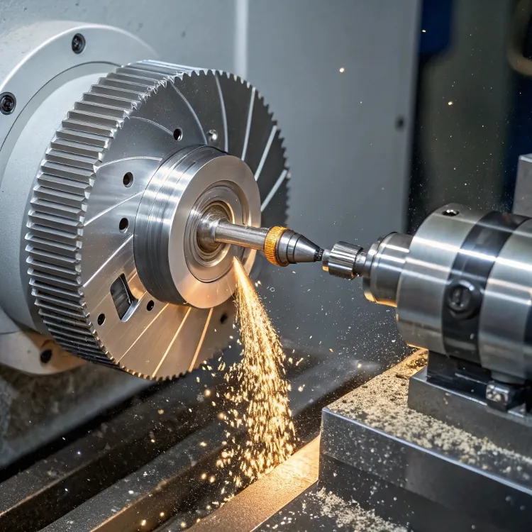 CNC machine cutting metal wheel