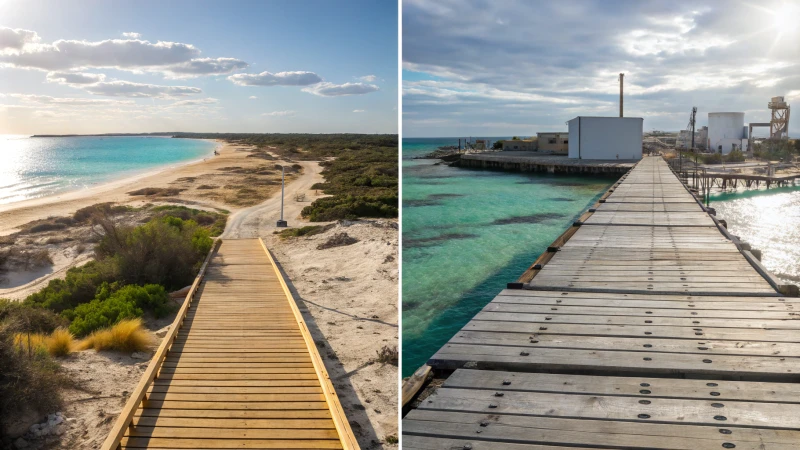Imagen de escena dividida que contrasta un paisaje costero con muelles de madera y un entorno industrial con superficies metálicas.