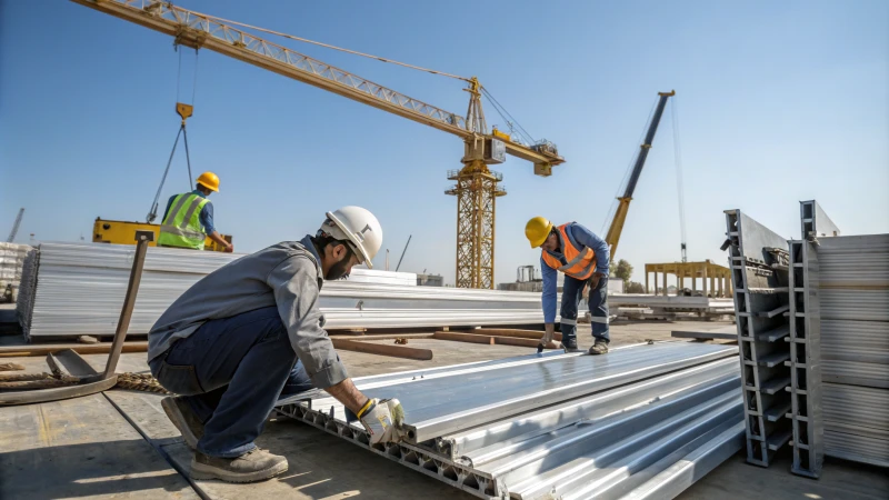 Construction workers assembling aluminium beams at a site
