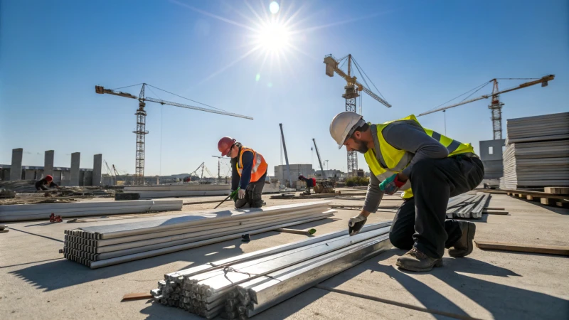 Kiireinen rakennustyömaa, jossa on työntekijöitä ja nostureita.