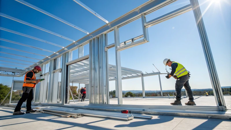 Arbeiders monteren aluminium profielen op een bouwplaats