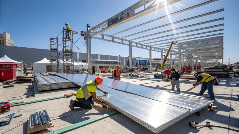 Trabajadores manipulando paneles de aluminio en una obra