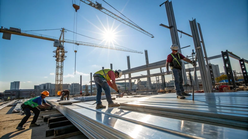 Construction workers installing aluminum profiles at a vibrant construction site.