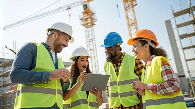 Diverse construction workers collaborating on a tablet at a construction site