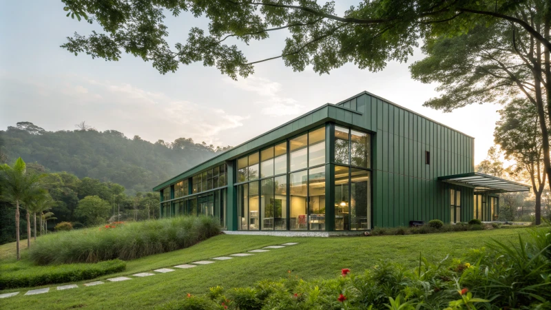 Modern green building with large glass windows and aluminum profiles