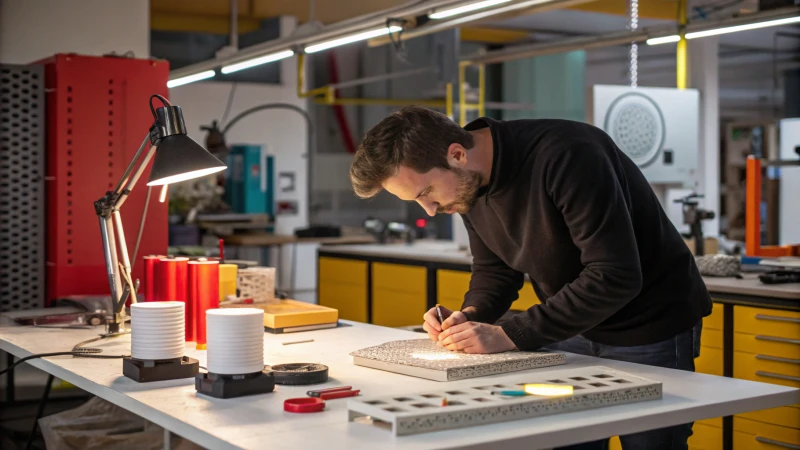 Un designer examine un prototype dans un atelier