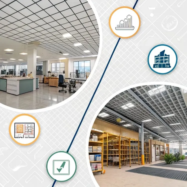 Modern office and warehouse with grid ceilings