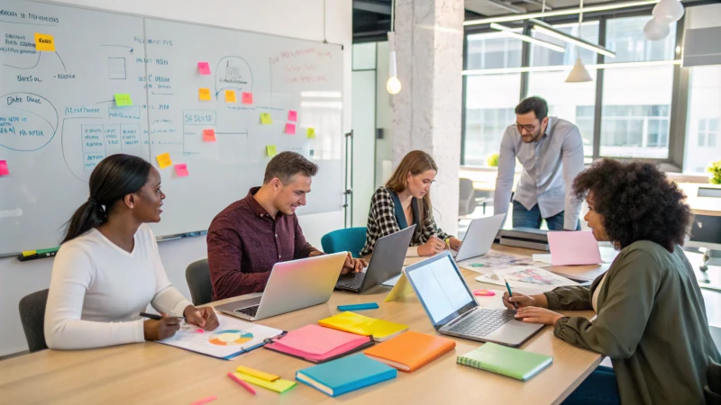 مجموعة متنوعة من المهنيين يتبادلون الأفكار في مكتب حديث.