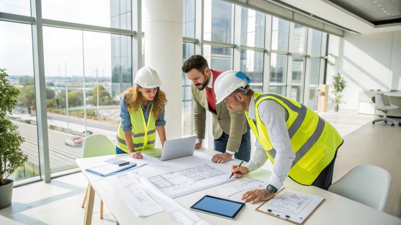 A diverse team of construction professionals in a bright modern office analyzing trends