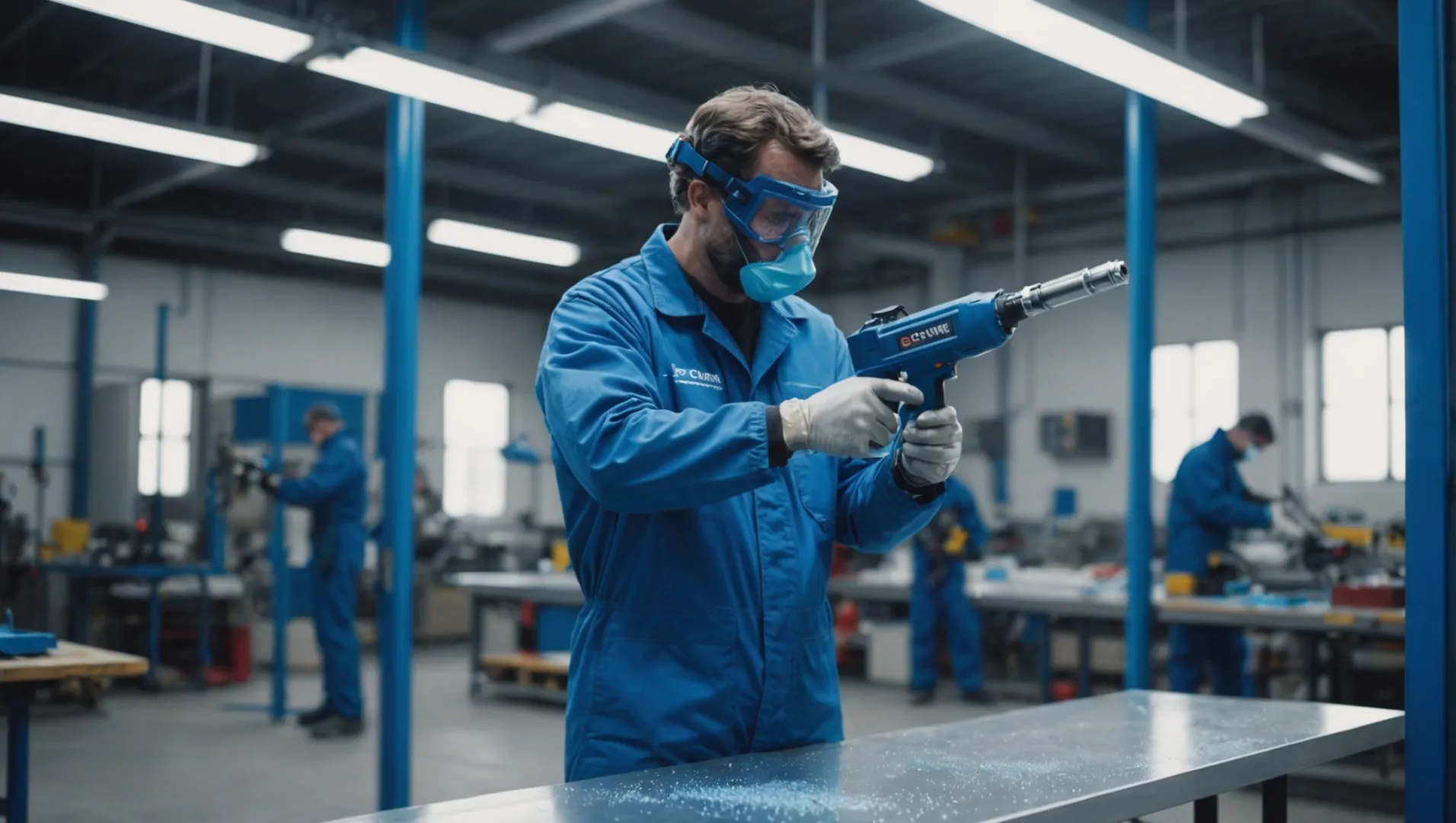 Werknemer die elektrostatische poedercoating aanbrengt op aluminium profielen